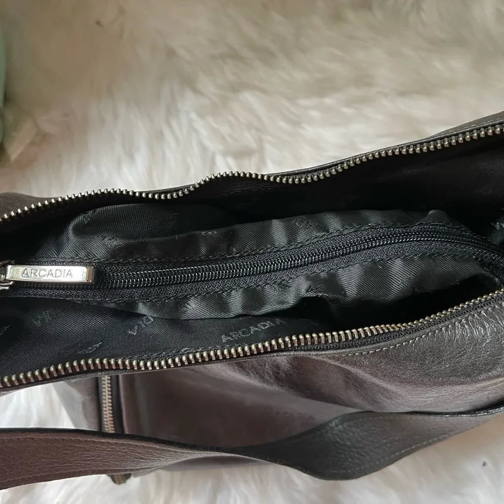 Arcadia gray Italian soft leather shoulder bag with extended silver tone…